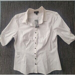Bebe Button Up Top XL  Striped Blouse Office Business White 3/4 Sleev…